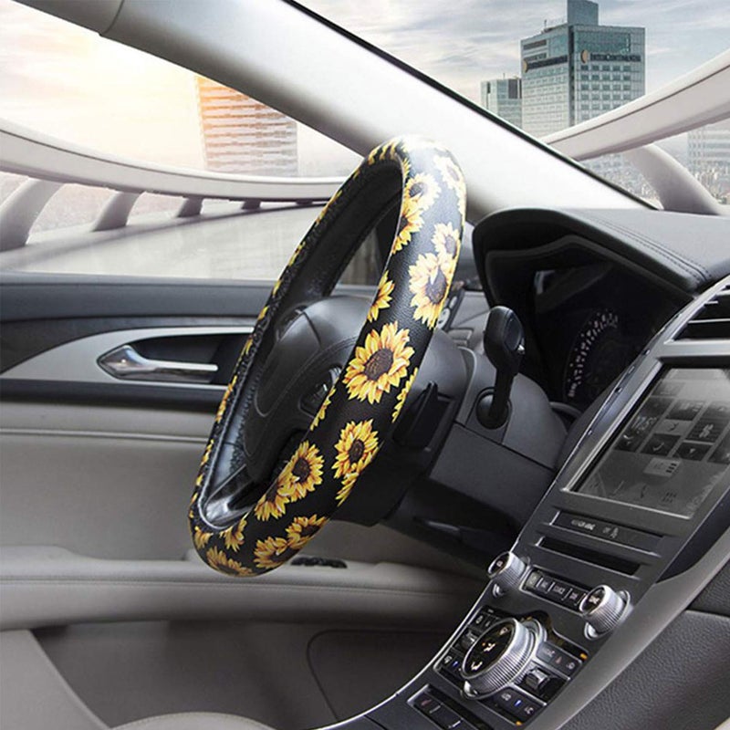 Ldntly 10PCS Sunflower Accessories for Car Wheel Cover,2PCS Front Seat Covers Sunflower Gifts for Women,Pattern Center Pad,Cup Holder Coaster Keyring Car Vent Coaster,Universal for Auto Truck SUV - Image 3